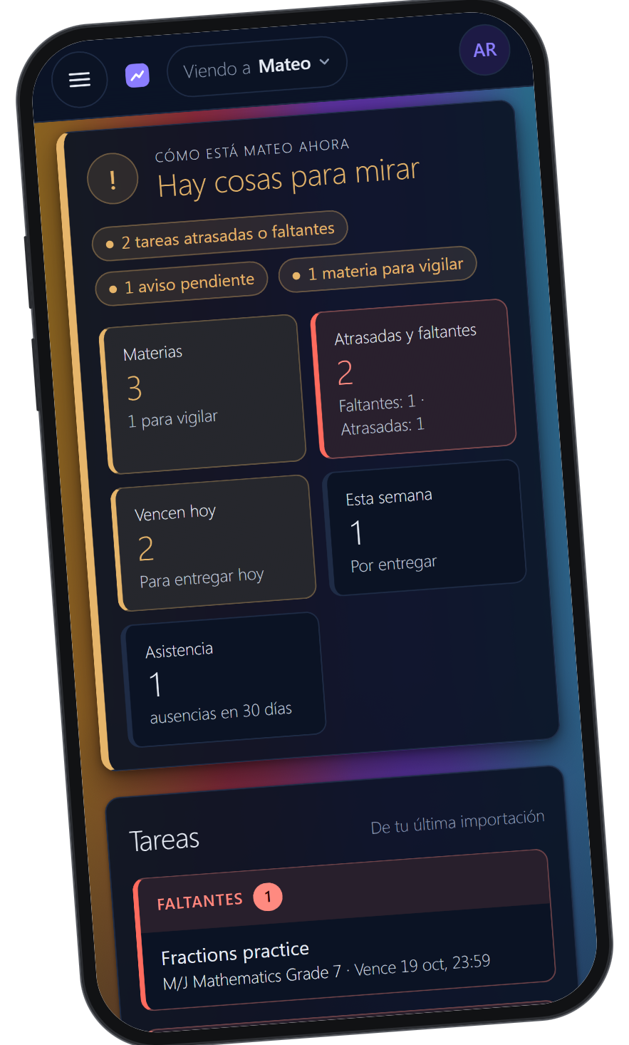 The EdRise summary on a phone: things to look at, 2 late or missing assignments, 3 subjects and 1 absence in 30 days (sample data; the portal is shown in Spanish).