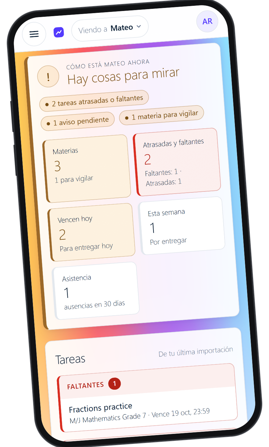 The EdRise summary on a phone: things to look at, 2 late or missing assignments, 3 subjects and 1 absence in 30 days (sample data; the portal is shown in Spanish).