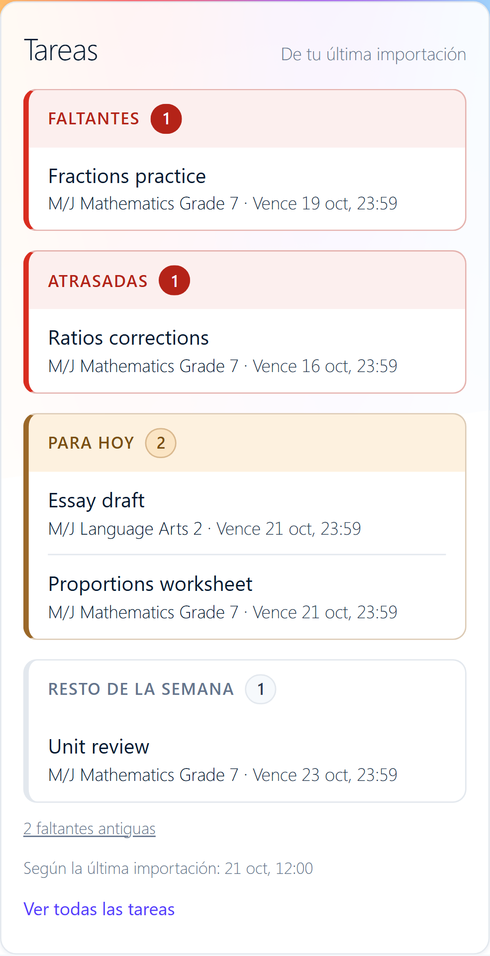 The portal's assignment list: 1 missing, 1 late, 2 due today and 1 later this week (sample data, in Spanish).