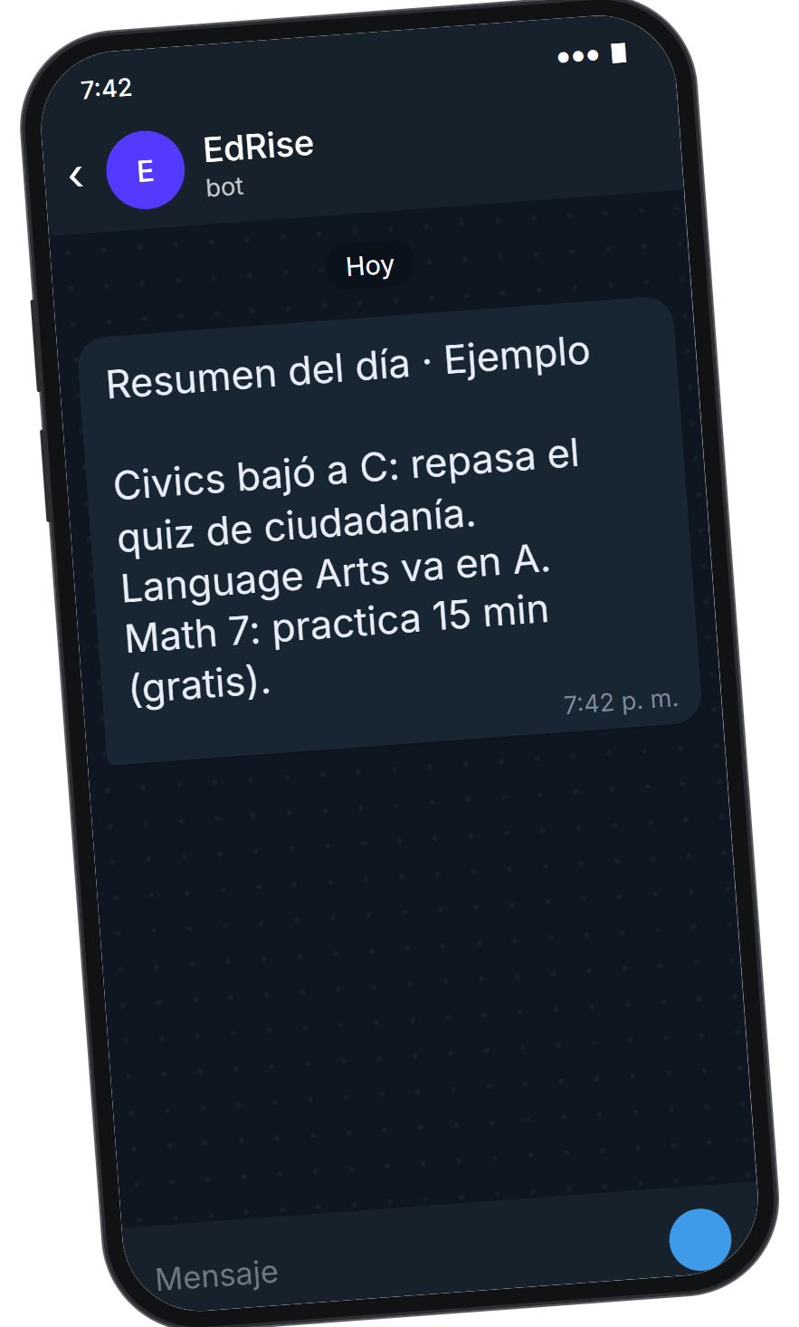 An EdRise message on Telegram: daily summary, Civics dropped to C, review the citizenship quiz; Language Arts is at A; Math 7, practice 15 minutes for free (sample data, in Spanish).