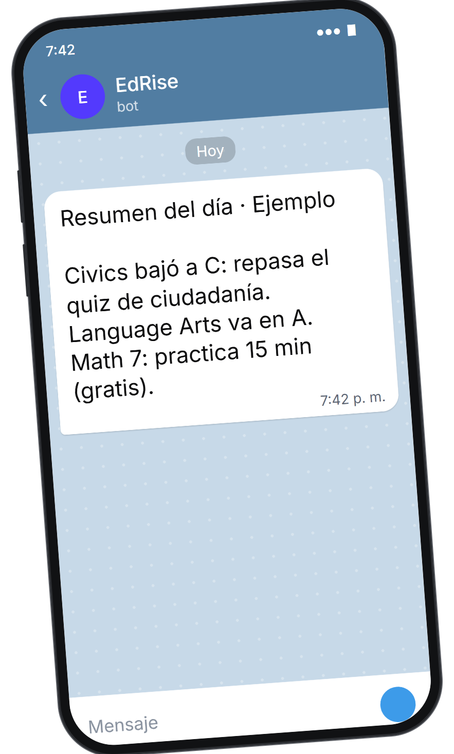 An EdRise message on Telegram: daily summary, Civics dropped to C, review the citizenship quiz; Language Arts is at A; Math 7, practice 15 minutes for free (sample data, in Spanish).